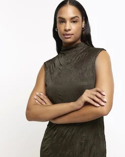 River Island crinkle high neck bodycon midi dress Khaki Online