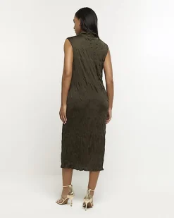 River Island crinkle high neck bodycon midi dress Khaki Online