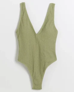 River Island crinkle plunge swimsuit Khaki Discount