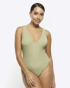 River Island crinkle plunge swimsuit Khaki Discount