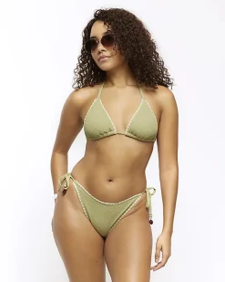 River Island crinkle stitch triangle bikini top Khaki Online