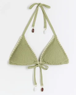 River Island crinkle stitch triangle bikini top Khaki Online