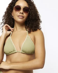River Island crinkle stitch triangle bikini top Khaki Online