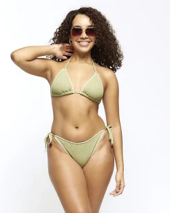 River Island crinkle tie side bikini bottoms Khaki Best