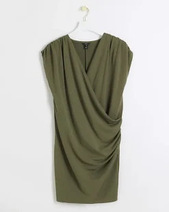 River Island drape wrap bodycon mini dress Khaki Clearance