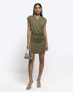 River Island drape wrap bodycon mini dress Khaki Clearance