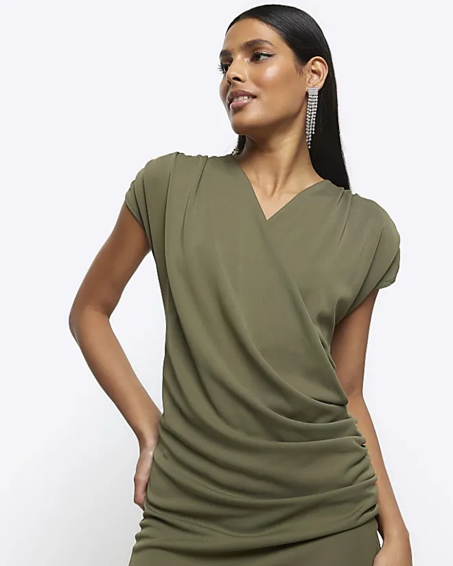 River Island drape wrap bodycon mini dress Khaki Clearance