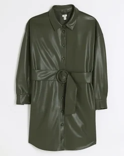 River Island faux leather belted mini shirt dress Khaki Best
