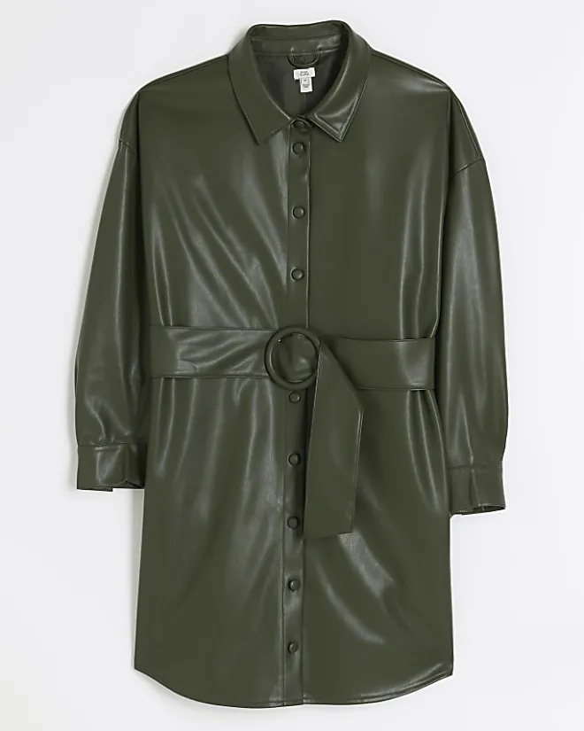 River Island faux leather belted mini shirt dress Khaki Best