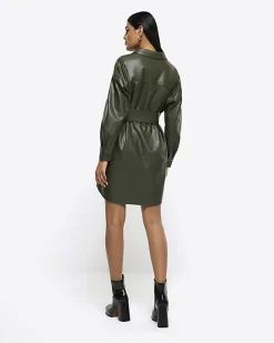 River Island faux leather belted mini shirt dress Khaki Best