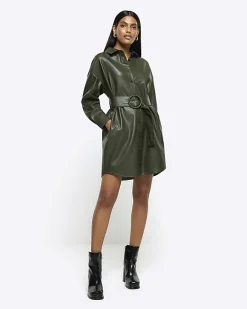 River Island faux leather belted mini shirt dress Khaki Best