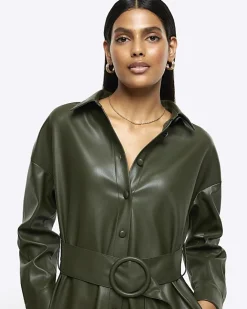 River Island faux leather belted mini shirt dress Khaki Best
