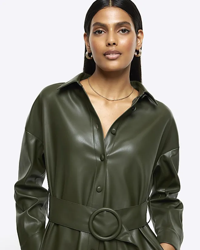 River Island faux leather belted mini shirt dress Khaki Best
