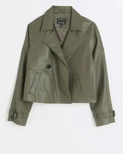 River Island faux leather crop trench coat Khaki Discount