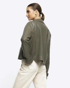 River Island faux leather crop trench coat Khaki Discount