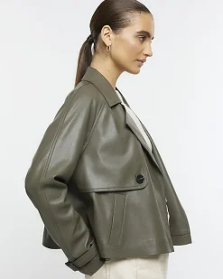 River Island faux leather crop trench coat Khaki Discount