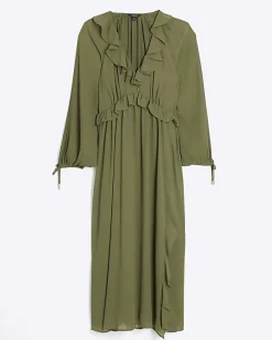 River Island frill plisse sleeve swing midi dress Khaki New