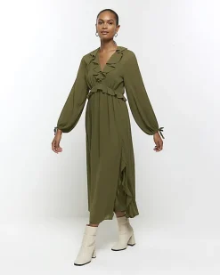 River Island frill plisse sleeve swing midi dress Khaki New