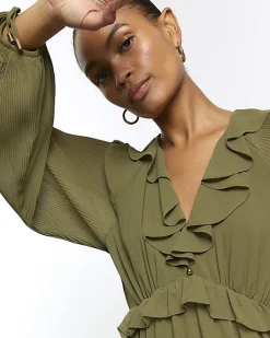 River Island frill plisse sleeve swing midi dress Khaki New