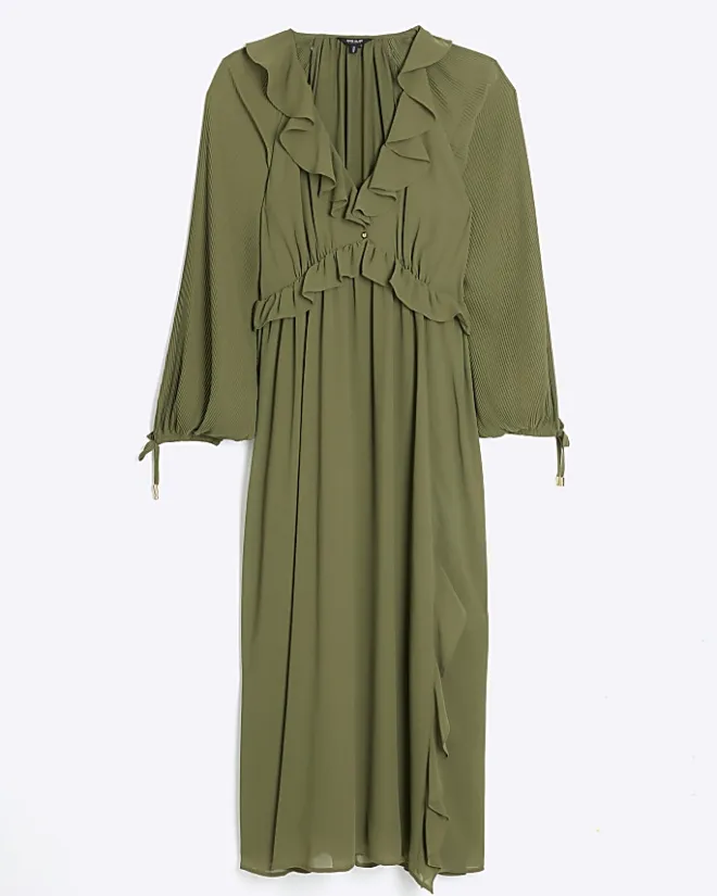 River Island frill plisse sleeve swing midi dress Khaki New