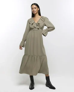 River Island frill swing maxi dress Khaki New