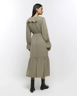River Island frill swing maxi dress Khaki New