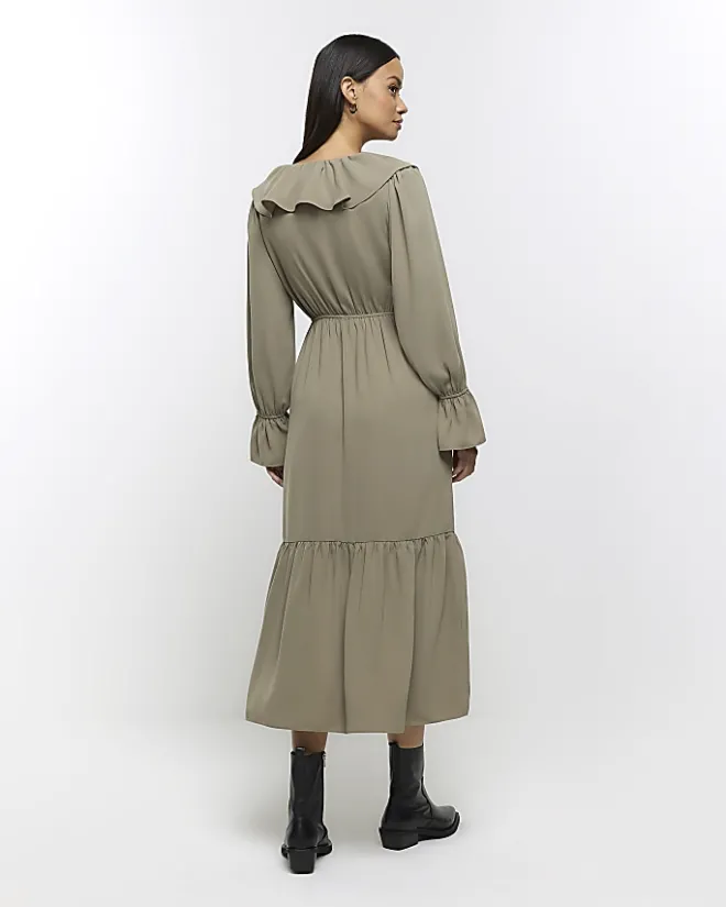 River Island frill swing maxi dress Khaki New
