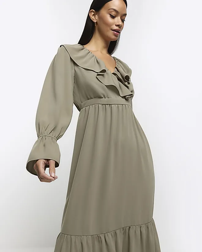 River Island frill swing maxi dress Khaki New