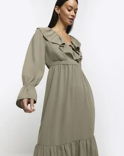 River Island frill swing maxi dress Khaki New