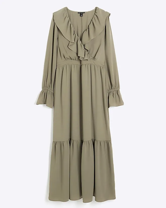 River Island frill swing maxi dress Khaki New