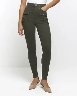 River Island high waisted skinny cargo jeans Khaki Online