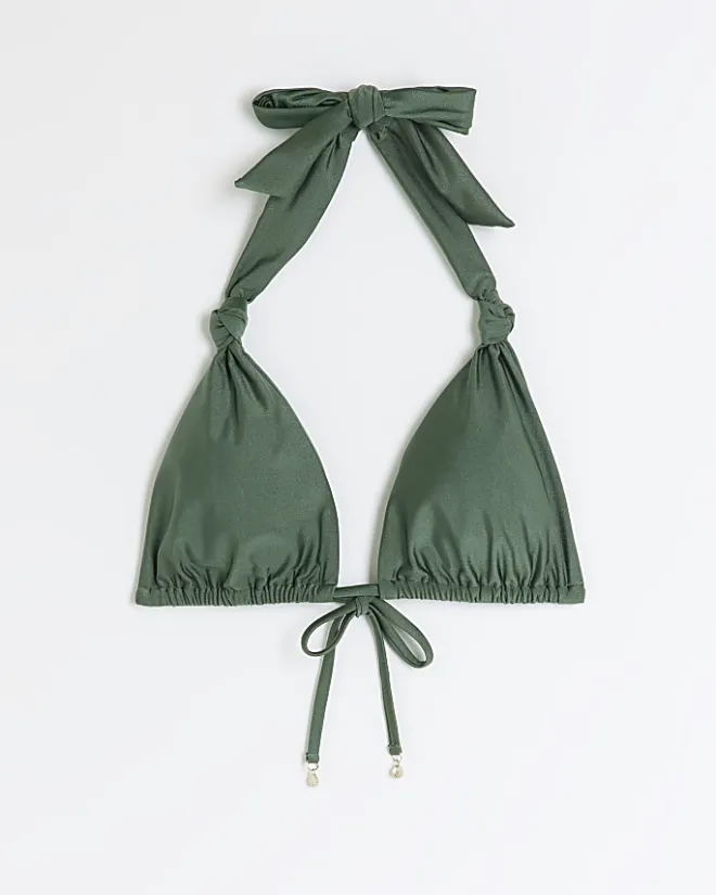 River Island knot triangle bikini top Khaki Outlet