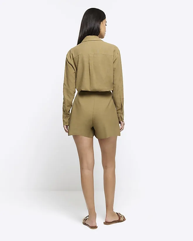 River Island linen blend high waisted shorts Khaki Discount