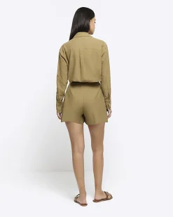 River Island linen blend high waisted shorts Khaki Discount
