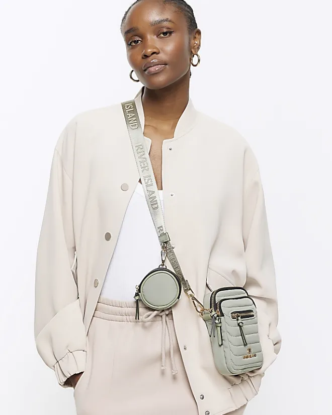 River Island quilted phone cross body bag Khaki Sale