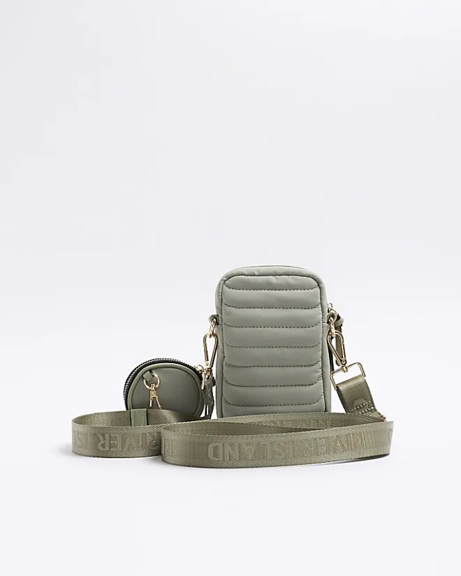 River Island quilted phone cross body bag Khaki Sale