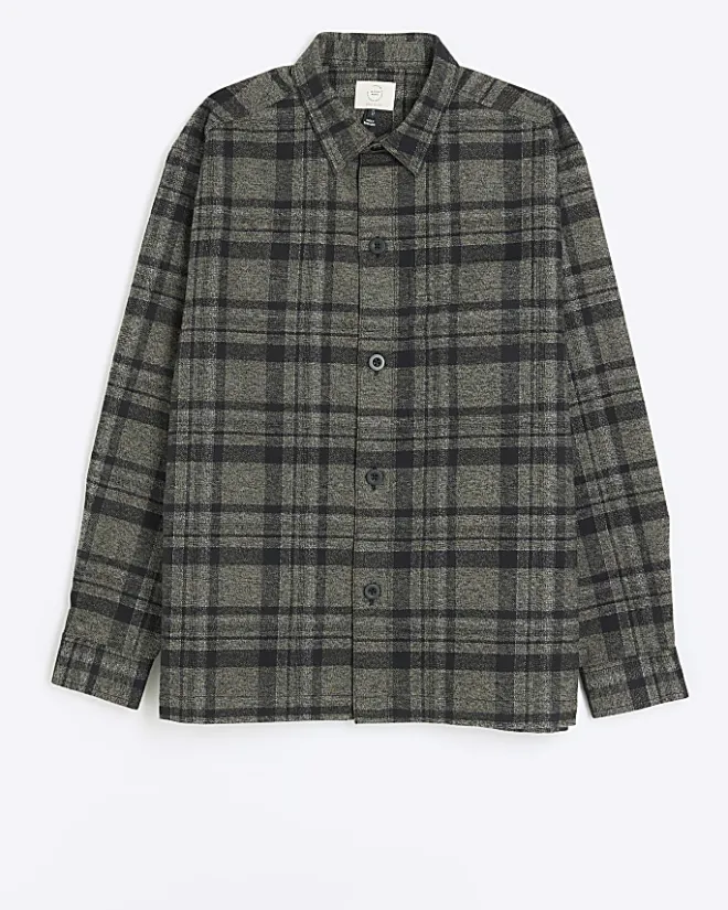 River Island Regular Fit Check Shirt Khaki Clearance