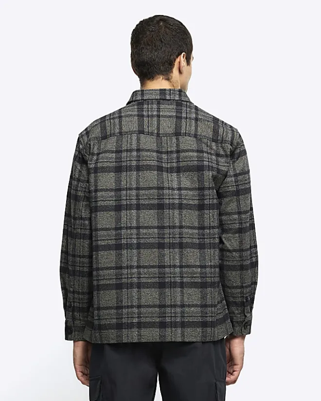 River Island Regular Fit Check Shirt Khaki Clearance