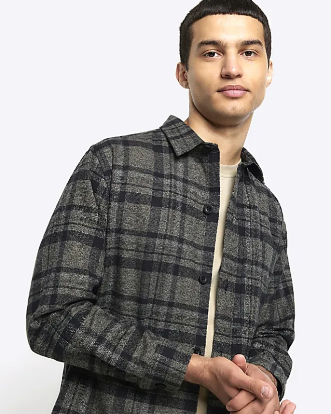 River Island Regular Fit Check Shirt Khaki Clearance