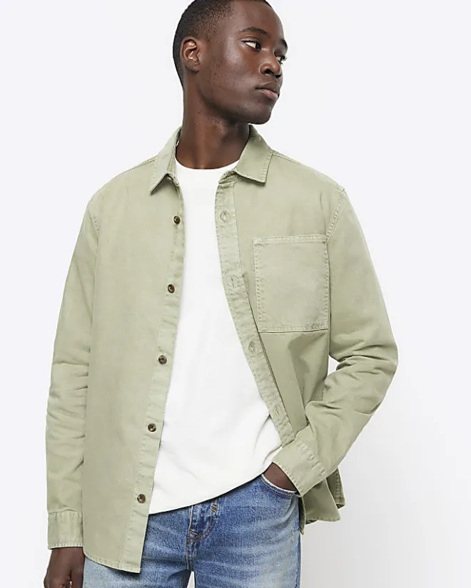 River Island regular fit chest pocket shirt Khaki Best