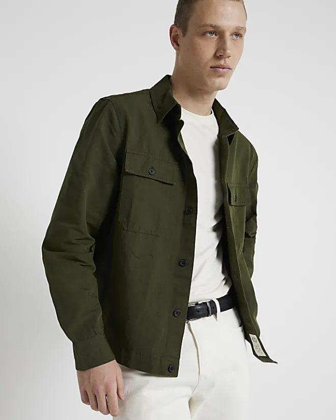 River Island regular fit linen blend smart overshirt Khaki Best