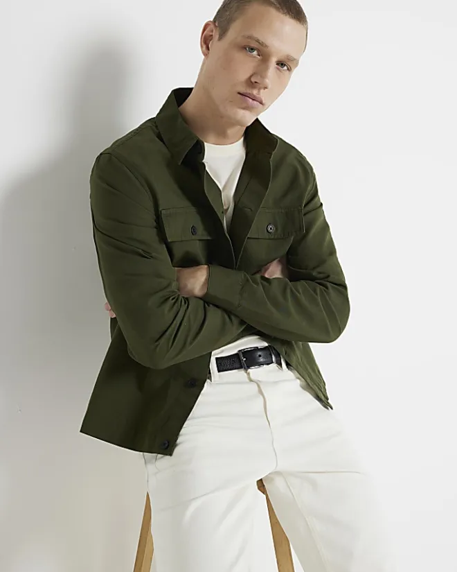 River Island regular fit linen blend smart overshirt Khaki Best