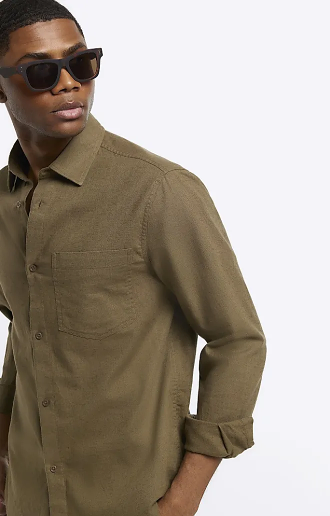 River Island regular fit linen blend shirt Khaki New