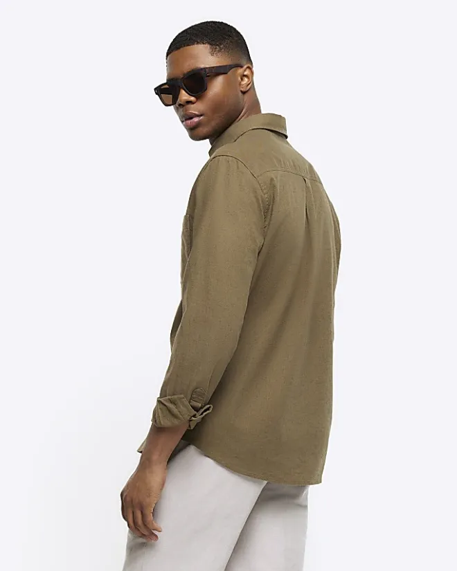 River Island regular fit linen blend shirt Khaki New