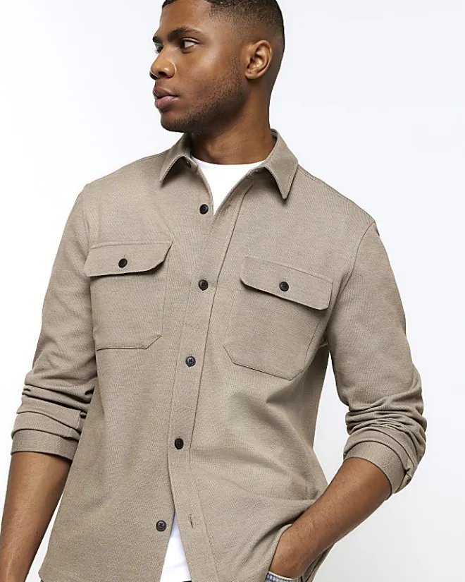 River Island regular fit pocket jersey overshirt Khaki Online