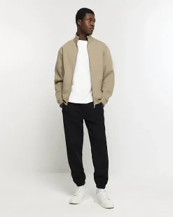 River Island Khaki regular fit zip up funnel sweatshirt Stone Sale