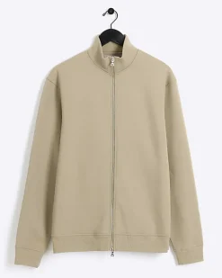River Island Khaki regular fit zip up funnel sweatshirt Stone Sale
