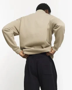 River Island Khaki regular fit zip up funnel sweatshirt Stone Sale