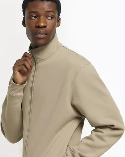 River Island Khaki regular fit zip up funnel sweatshirt Stone Sale