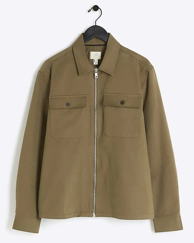 River Island regular fit zip up overshirt Khaki Fashion